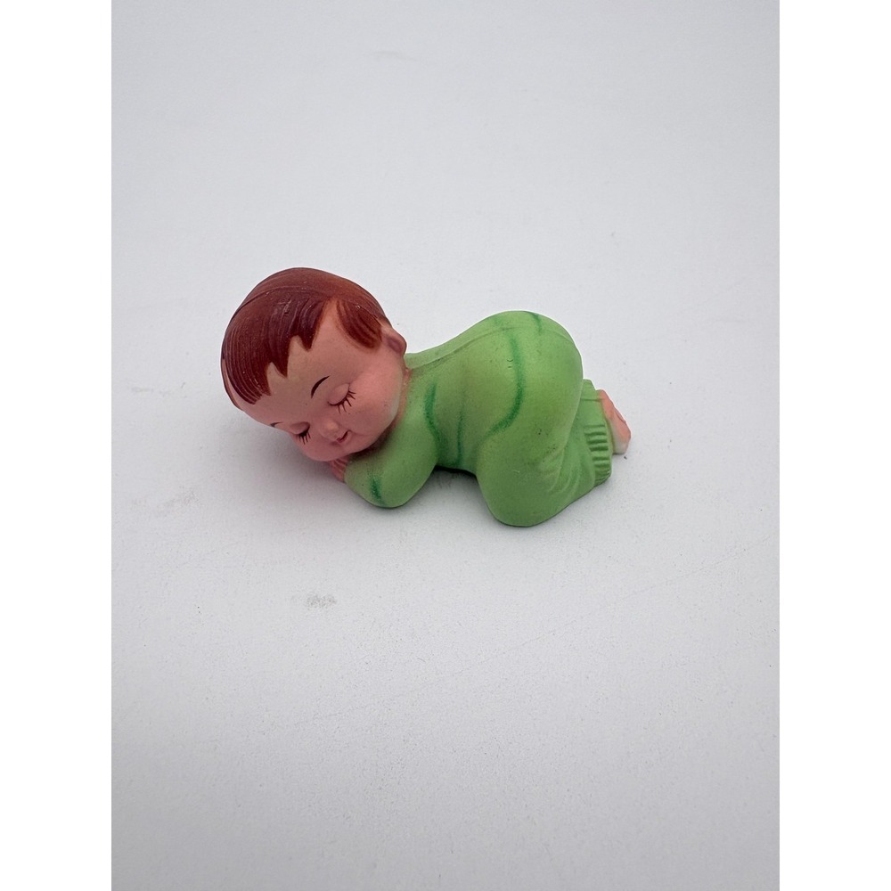 Vintage Unmarked Sleeping Baby Resin Figurine Small Green Pajamas Hong Kong